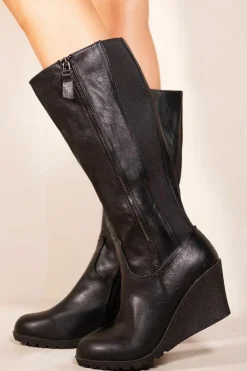 Calf High Boots|Heeled Boots*Where's That From Lara' Wedge Heel Mid Calf High Boots With Side Zip Black