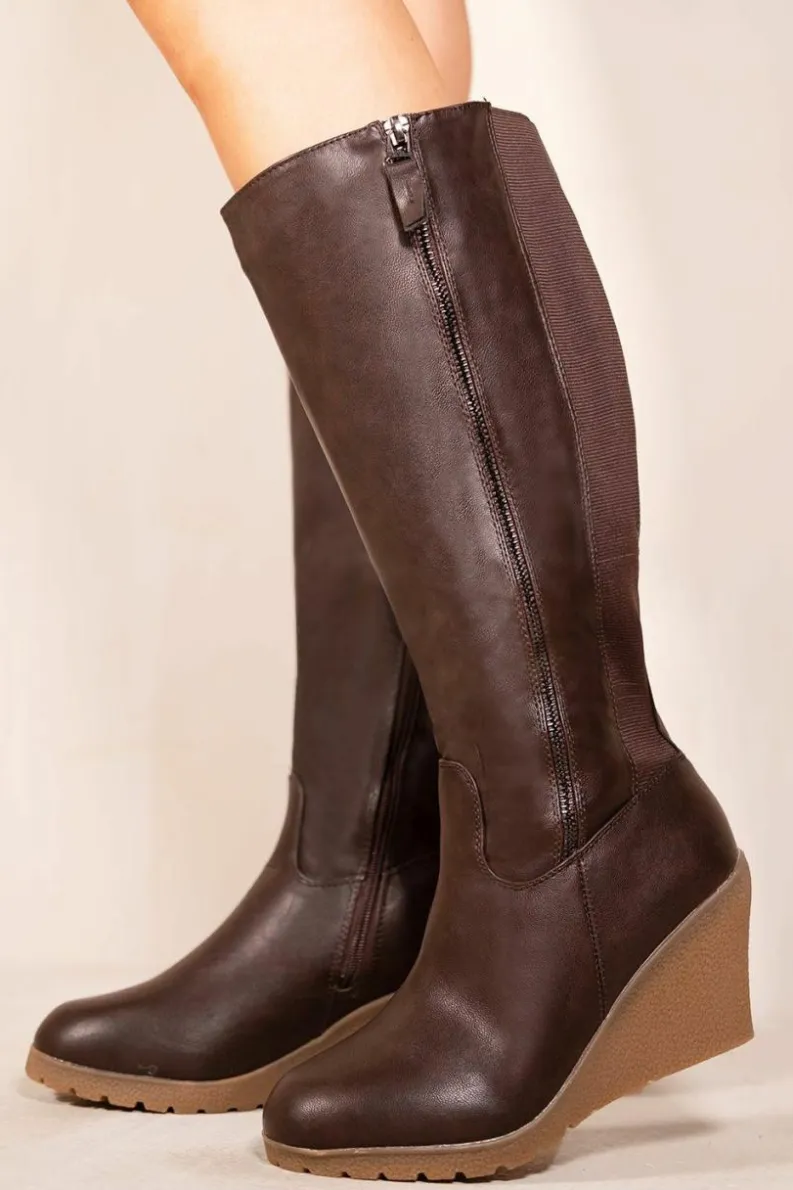 Calf High Boots|Heeled Boots*Where's That From Lara' Wedge Heel Mid Calf High Boots With Side Zip Brown