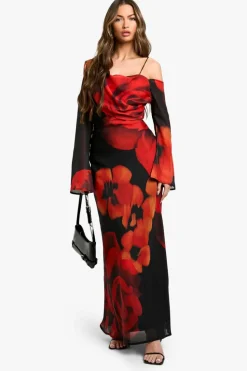 Maxi Dresses|Long Sleeve Dresses*boohoo Large Floral Asymmetric Chiffon Maxi Dress black