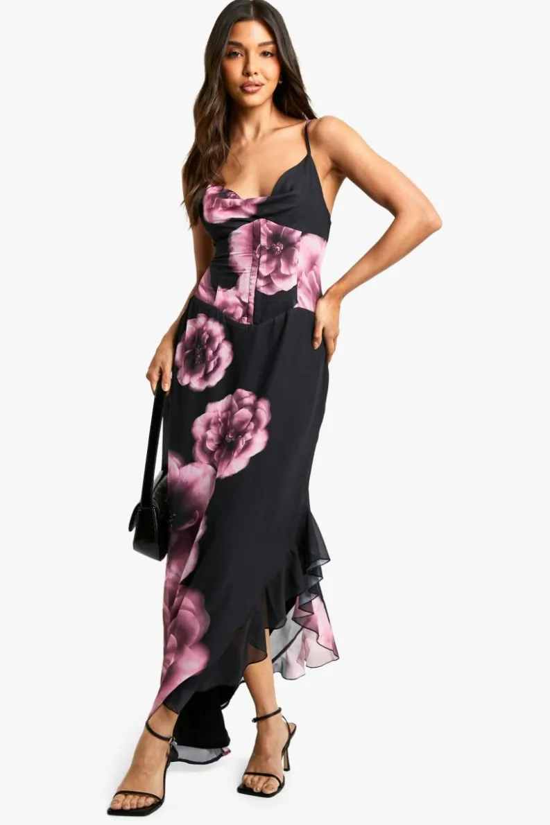 Maxi Dresses|Dresses*boohoo Large Floral Chiffon Corset Maxi Dress black