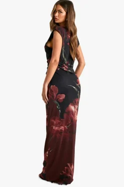 Maxi Dresses|Dresses*boohoo Large Floral Printed Mesh Maxi Dress black