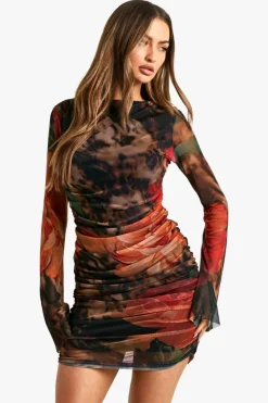 Long Sleeve Dresses|Long Sleeve Dresses*boohoo Large Floral Printed Mesh Long Sleeve Mini Dress brown