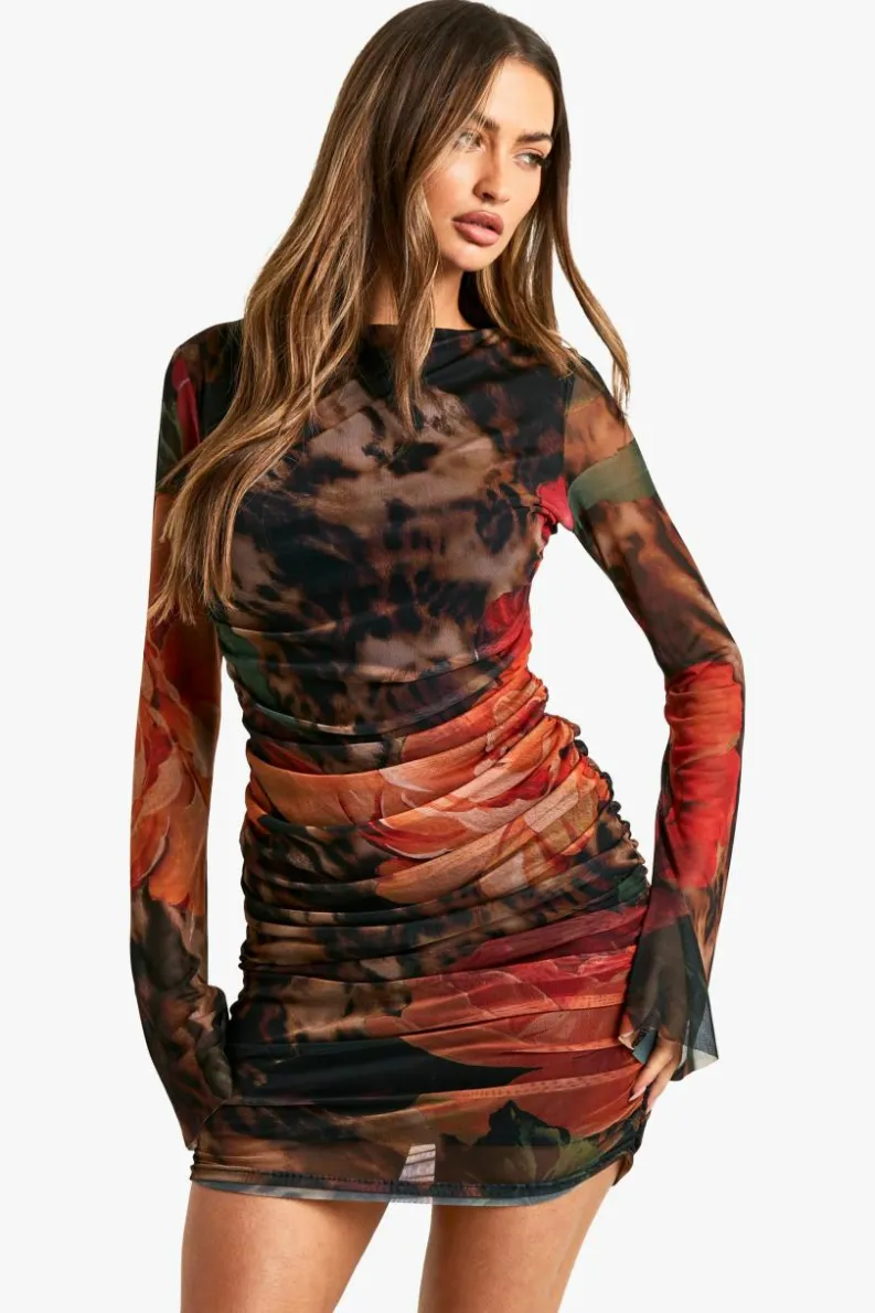Long Sleeve Dresses|Long Sleeve Dresses*boohoo Large Floral Printed Mesh Long Sleeve Mini Dress brown