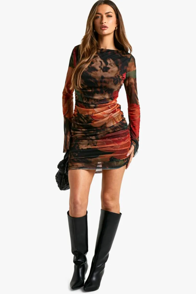 Long Sleeve Dresses|Long Sleeve Dresses*boohoo Large Floral Printed Mesh Long Sleeve Mini Dress brown