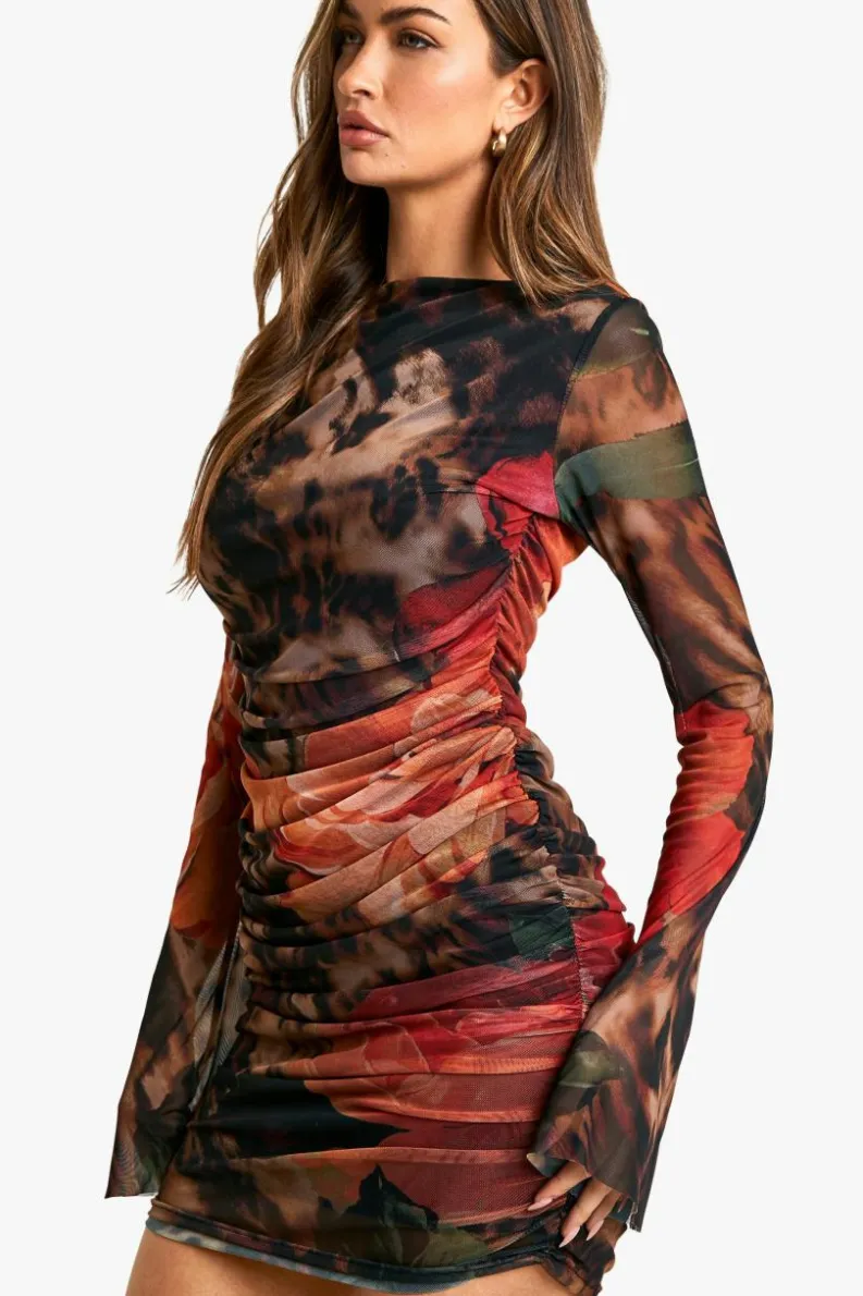 Long Sleeve Dresses|Long Sleeve Dresses*boohoo Large Floral Printed Mesh Long Sleeve Mini Dress brown