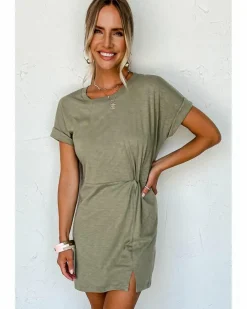 Shirt Dresses|T-Shirt Dresses*Azura Exchange Laurel Green Folded Sleeve Twisted Mini T-Shirt Dress Multi