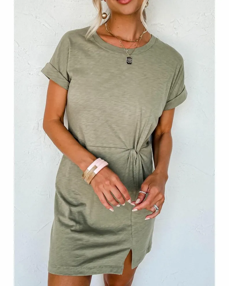 Shirt Dresses|T-Shirt Dresses*Azura Exchange Laurel Green Folded Sleeve Twisted Mini T-Shirt Dress Multi