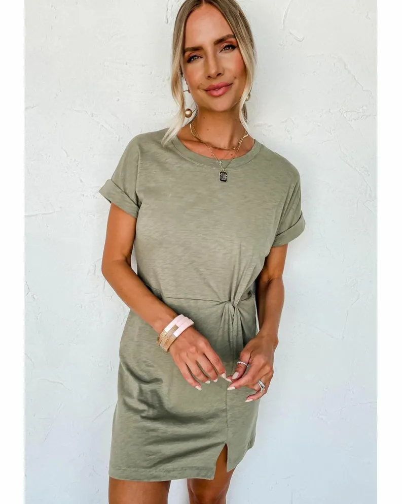 Shirt Dresses|T-Shirt Dresses*Azura Exchange Laurel Green Folded Sleeve Twisted Mini T-Shirt Dress Multi