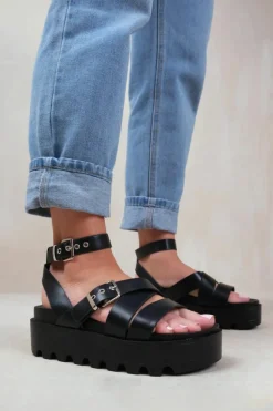 Sandals*Where's That From Layla' Wide Fit Buckle Strap Platform Sandals Black