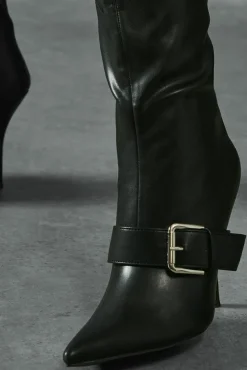 Knee High Boots*MissPap Leather Look Buckle Detail Knee High Boots black