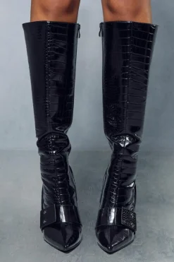 Heeled Boots*MissPap Leather Look Croc Heeled Boots black