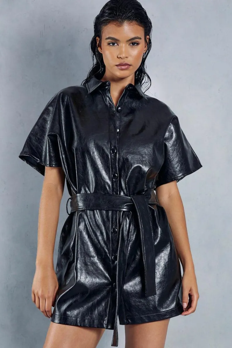 Shirt Dresses*MissPap Leather Look Drop Shoulder Belted Mini Shirt Dress black