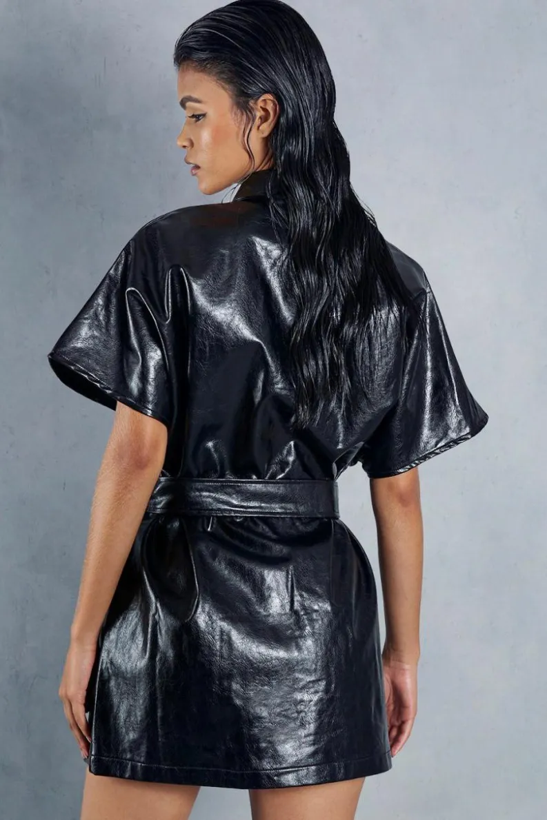 Shirt Dresses*MissPap Leather Look Drop Shoulder Belted Mini Shirt Dress black