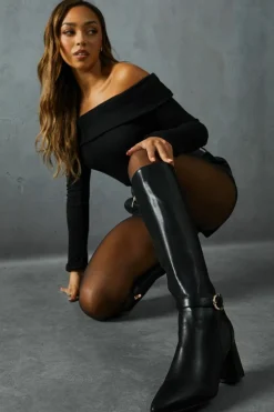 Knee High Boots*MissPap Leather Look Gold Buckle Knee High Boots black