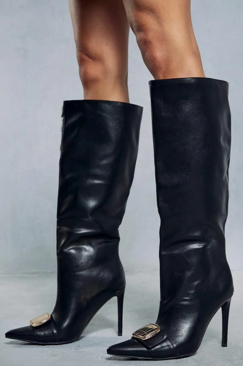 Knee High Boots*MissPap Leather Look Knee High Buckle Boots black