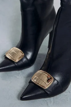 Knee High Boots*MissPap Leather Look Knee High Buckle Boots black