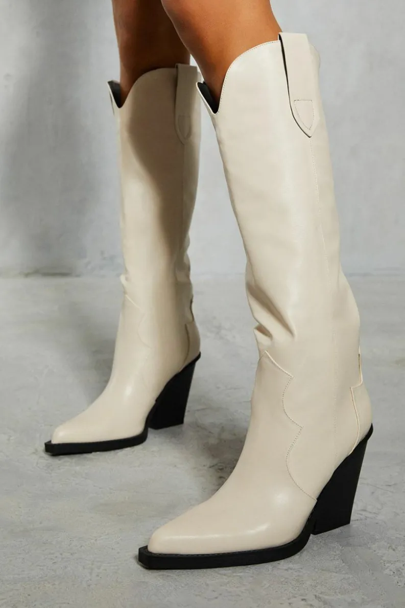 Knee High Boots|Cowboy Boots*MissPap Leather Look Knee High Cowboy Boots nude