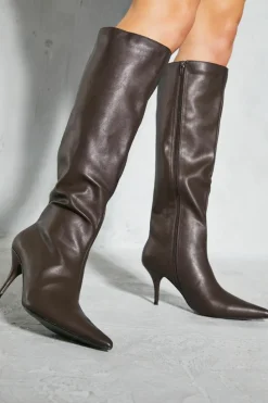 Knee High Boots|Heeled Boots*MissPap Leather Look Knee High Low Heel Boots chocolate