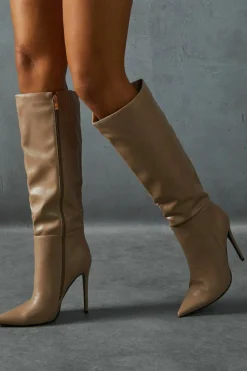 Knee High Boots*MissPap Leather Look Knee High Pointed Boots taupe