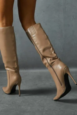 Knee High Boots*MissPap Leather Look Knee High Pointed Boots taupe