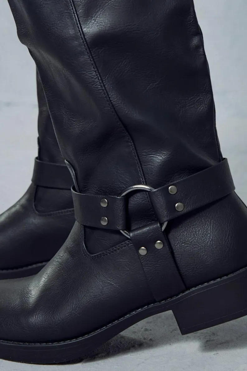 Knee High Boots*MissPap Leather Look Square Toe Buckle Knee High Boots black