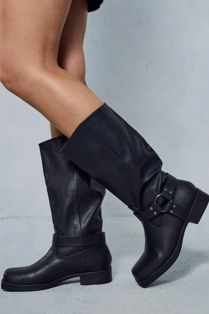 Knee High Boots*MissPap Leather Look Square Toe Buckle Knee High Boots black
