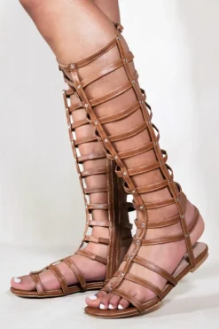 Sandals*Where's That From Leia' Gladiator Knee High Flat Sandals Tan