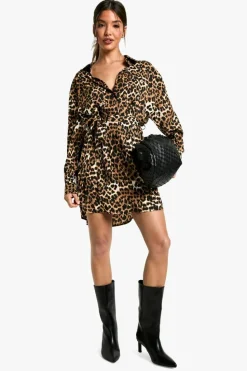 Shirt Dresses|Mini Dresses*boohoo Leopard Batwing Belted Shirt Dress brown
