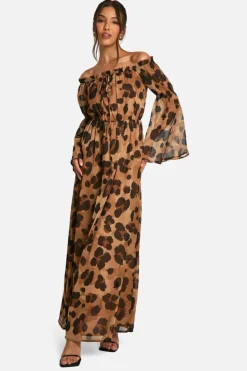 Smock Dresses*boohoo Leopard Chiffon Bardot Volume Maxi Dress brown