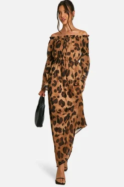 Smock Dresses*boohoo Leopard Chiffon Bardot Volume Maxi Dress brown