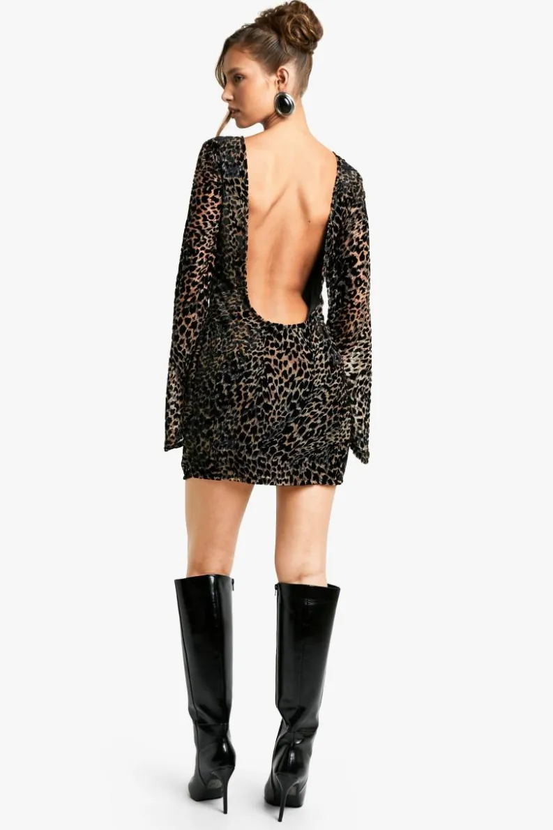 Bodycon Dresses|Mini Dresses*boohoo Leopard Devore Flare Sleeve Back Mini Dress brown