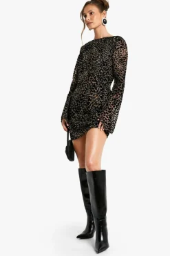 Bodycon Dresses|Mini Dresses*boohoo Leopard Devore Flare Sleeve Back Mini Dress brown
