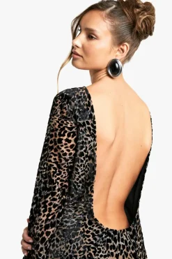 Bodycon Dresses|Mini Dresses*boohoo Leopard Devore Flare Sleeve Back Mini Dress brown