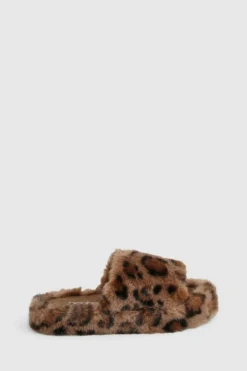Slippers|Slippers*boohoo Fluffy Faux Fur Platform Slippers leopard