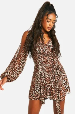 Skater Dresses|Mini Dresses*boohoo Leopard Godet Hem Lace Up Skater Dress brown