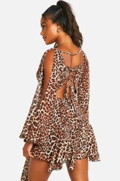 Skater Dresses|Mini Dresses*boohoo Leopard Godet Hem Lace Up Skater Dress brown