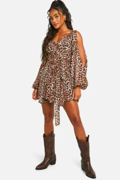 Skater Dresses|Mini Dresses*boohoo Leopard Godet Hem Lace Up Skater Dress brown