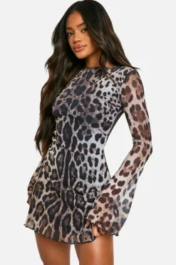 Mini Dresses|Long Sleeve Dresses*boohoo Leopard Mesh Flare Sleeve Mini Dress brown