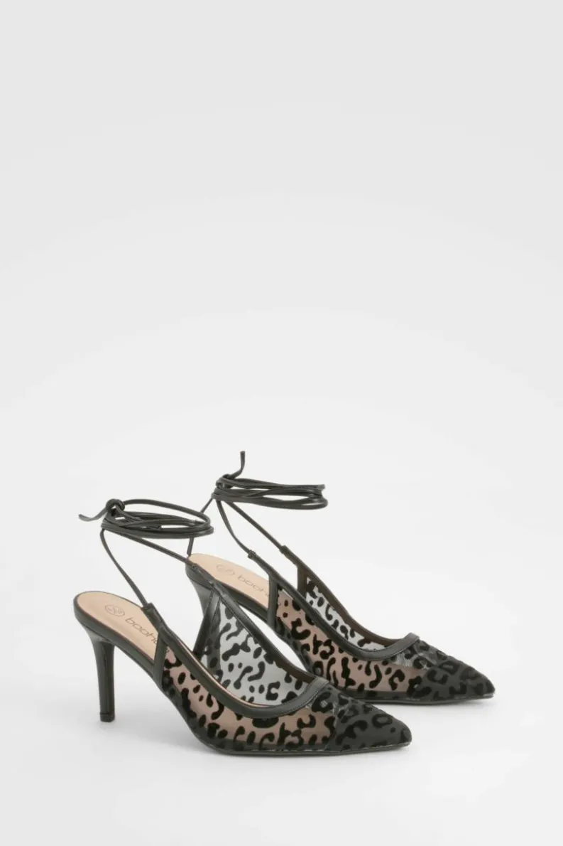 Heels*boohoo Leopard Mesh Lace Up Court Shoes black