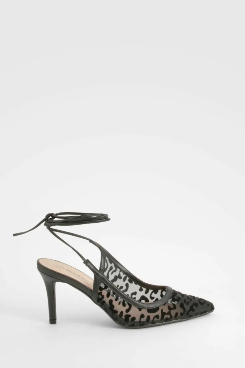 Heels*boohoo Leopard Mesh Lace Up Court Shoes black