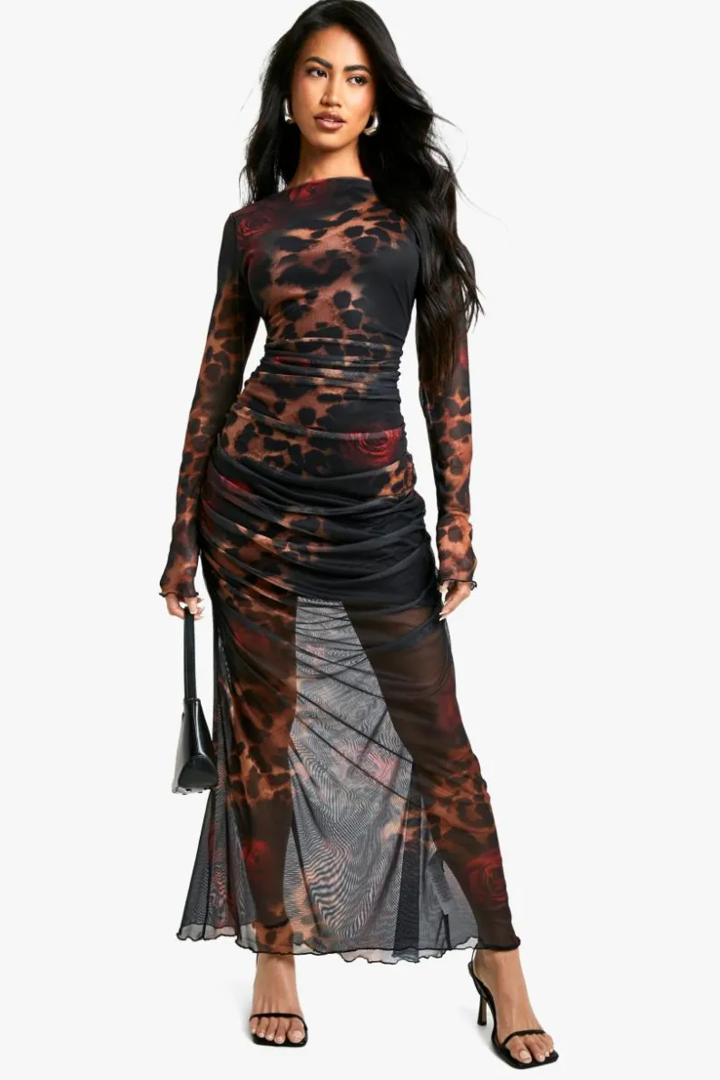 Maxi Dresses|Long Sleeve Dresses*boohoo Leopard Mesh Maxi Dress brown