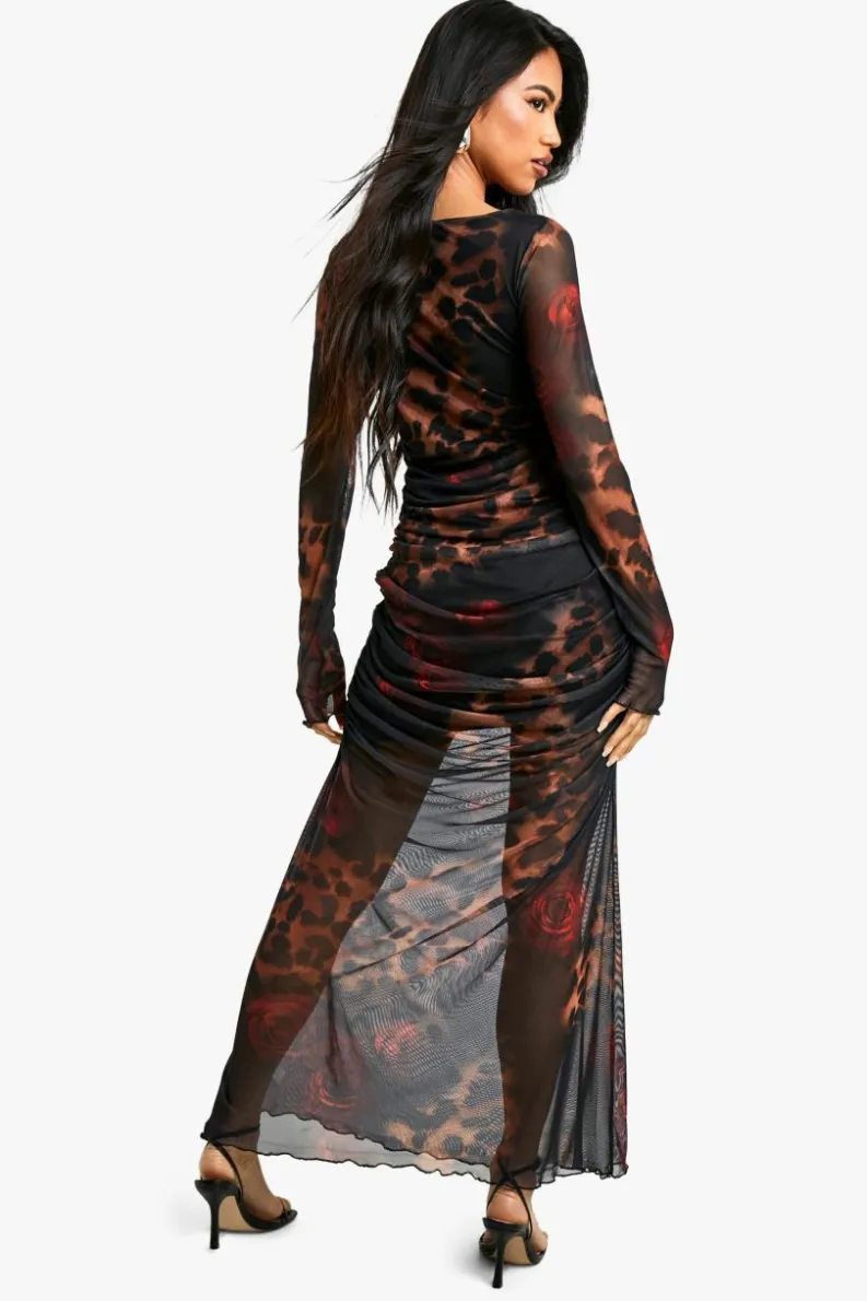 Maxi Dresses|Long Sleeve Dresses*boohoo Leopard Mesh Maxi Dress brown