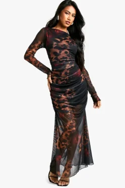 Maxi Dresses|Long Sleeve Dresses*boohoo Leopard Mesh Maxi Dress brown