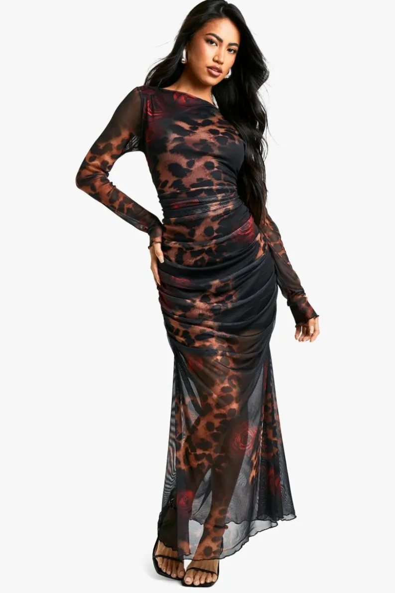 Maxi Dresses|Long Sleeve Dresses*boohoo Leopard Mesh Maxi Dress brown