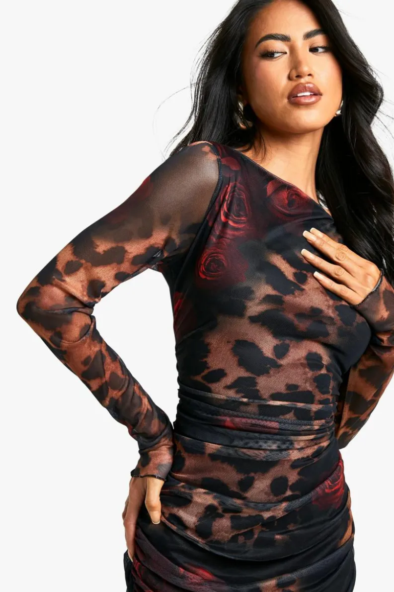 Maxi Dresses|Long Sleeve Dresses*boohoo Leopard Mesh Maxi Dress brown