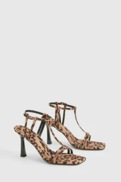 Heels*boohoo Neoprene T Bar Strappy Square Toe Heels leopard