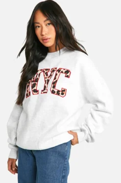 Sweatshirts|Athleisure*boohoo Leopard Nyc Applique Sweatshirt ash grey