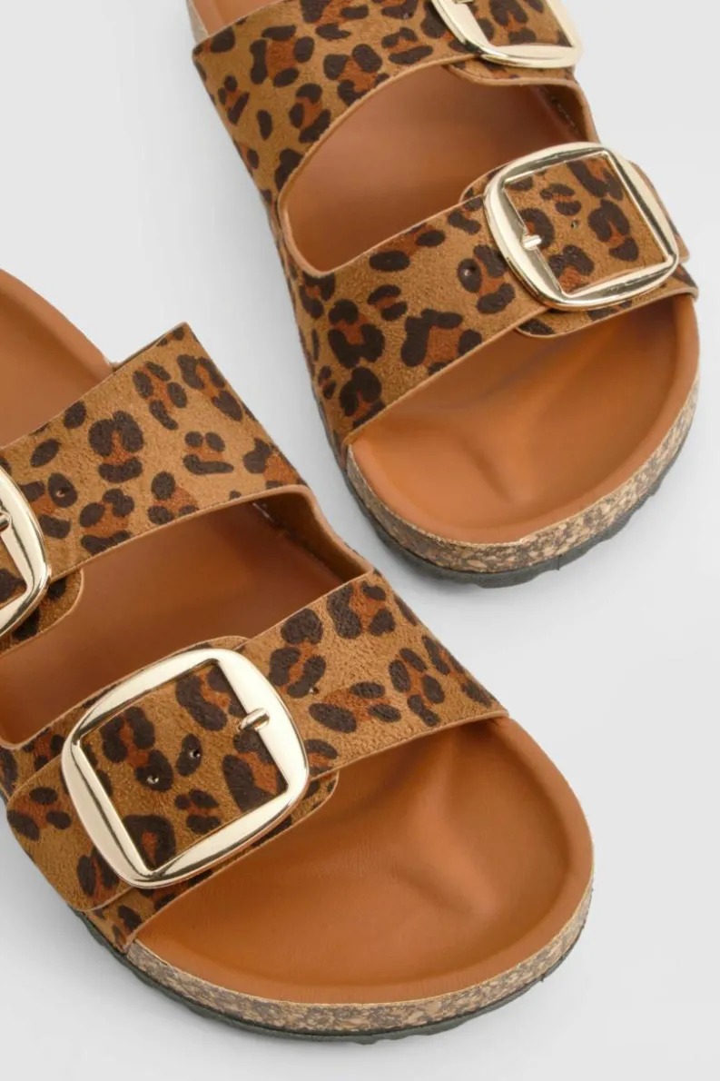 Sandals*boohoo Oversized Buckle Footbed Sliders leopard