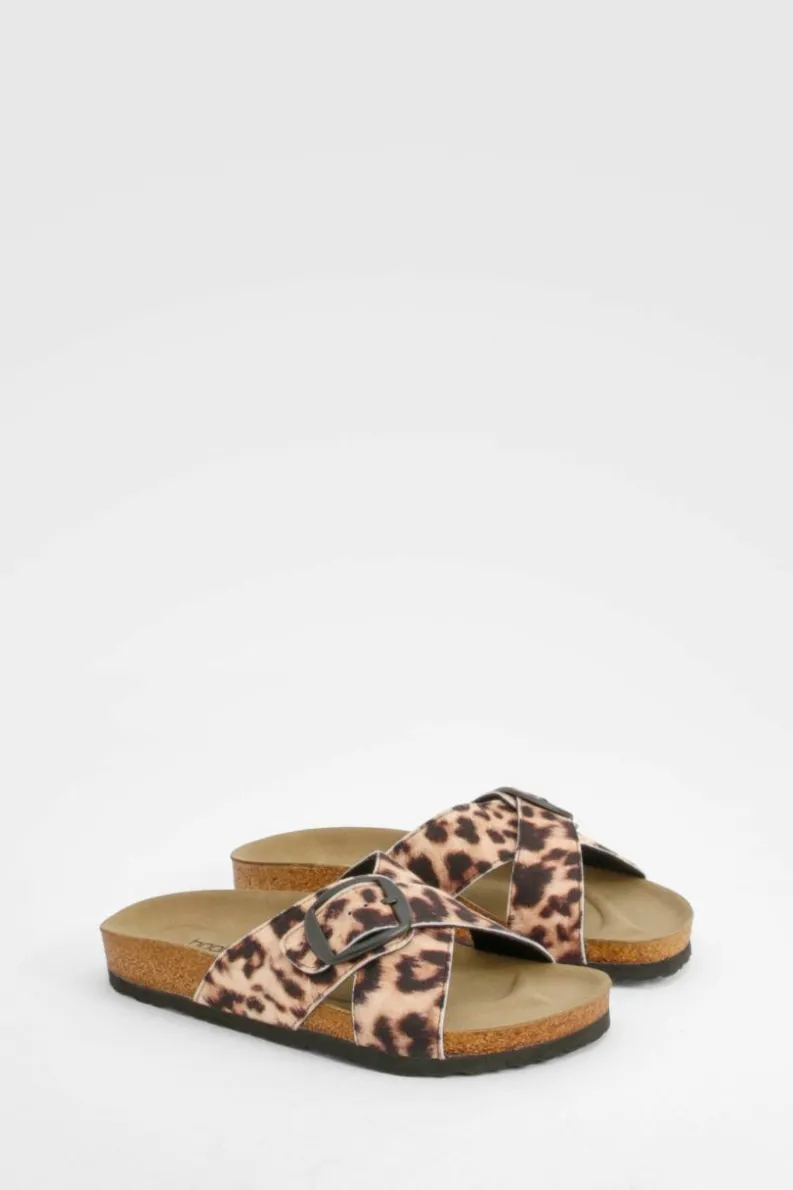 Sandals*boohoo Print Cross Strap Footbed Sandals leopard