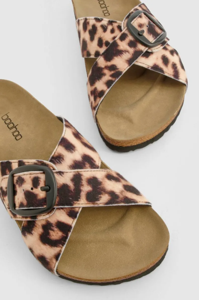 Sandals*boohoo Print Cross Strap Footbed Sandals leopard